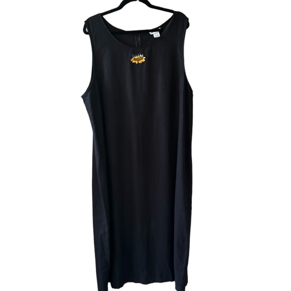 A.K.C. Linen Blend Black Tank Maxi Dress Embroidered Sunflower 3X